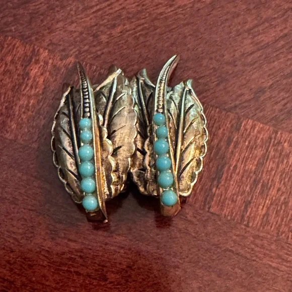 Whiting & Davis Vintage Leaf Design Earrings with Turquoise Accents - Picture 3 of 7